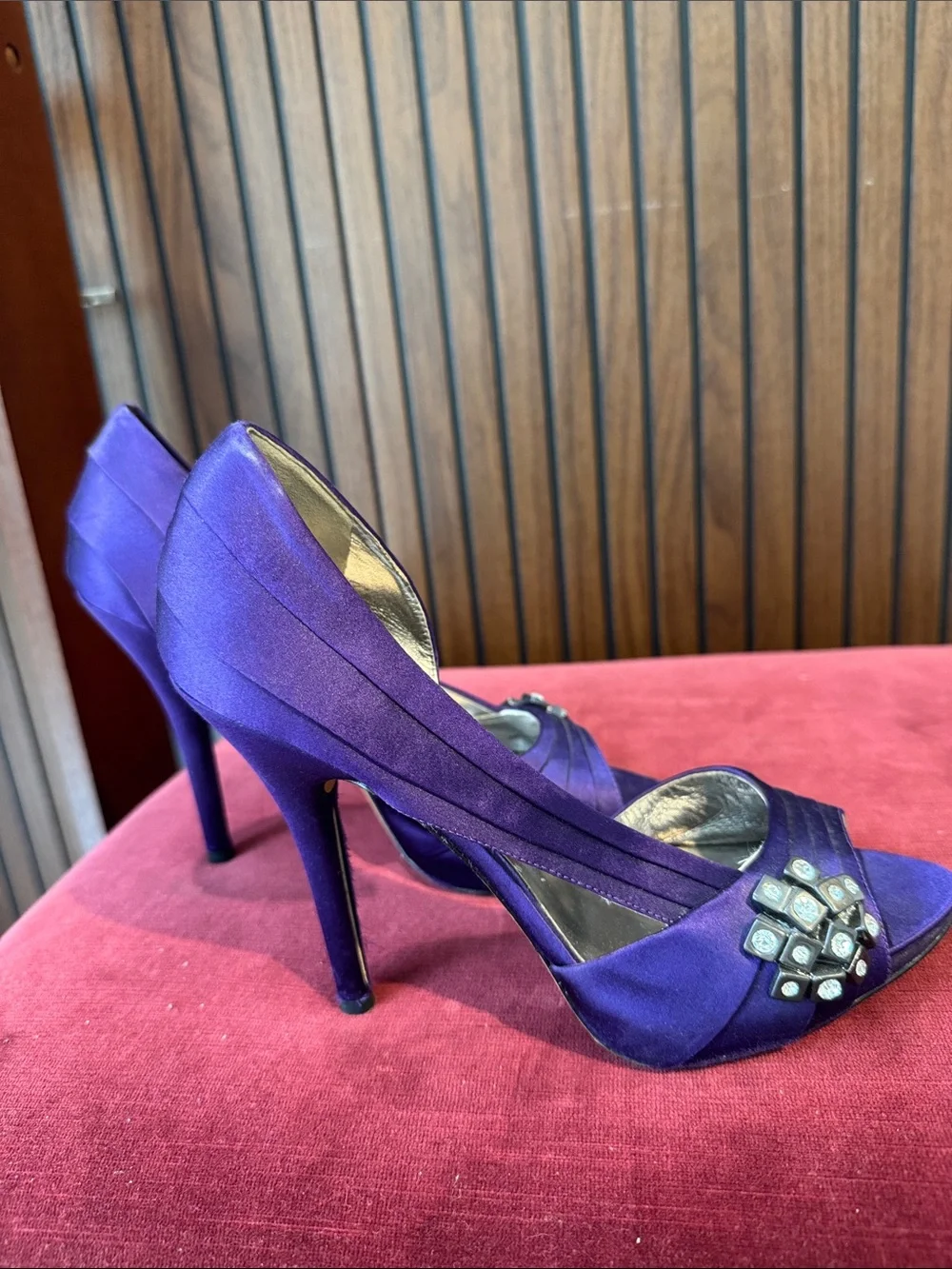 Purple Satin Peep Toe Jeweled High Heel Pumps